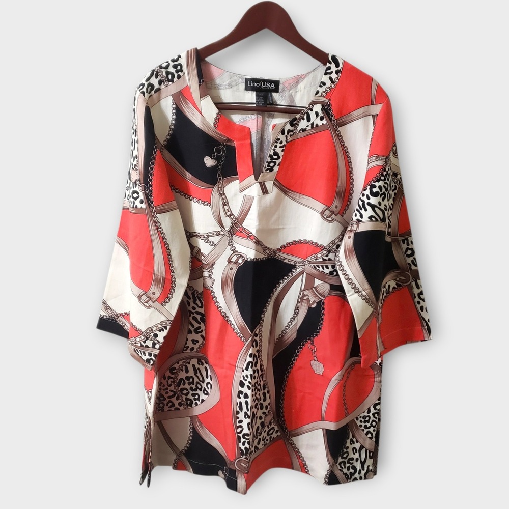 Lino USA Curve Womens 14W Linen Blend Tunic Top Chain Leopard Print Coral Black
